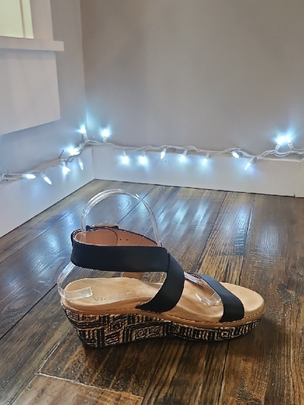 Vionic Black Strappy Wedge Sandals with Patterned Espadrille Heel - Picture 10 of 13